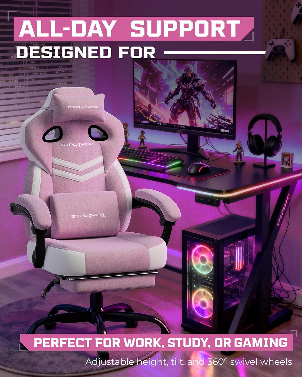 GTPLAYER Gaming Chairs for Adult - Ergonomic Big & Tall Gaming Seat with Footrest & Lumbar Support, Comfortable Office Chair 90-155° Reclining - Heavy Duty Wide Computer Seat, Pink