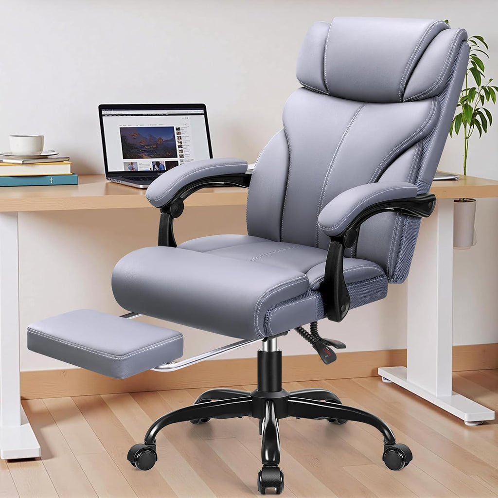 HeroSet Big and Tall Office Chair with Foot Rest, 400lbs Ergonomic Reclining High Back Executive Leather Chair, Lumbar Support Swivel Computer Desk Chairs for Heavy People Home Office Gaming(Gray)