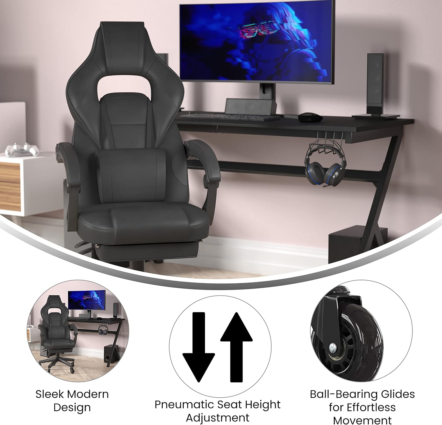 Flash Furniture X40 Gaming Chair Racing Computer Chair with Fully Reclining Back/Arms and Transparent Roller Wheels, Slide-Out Footrest, - Black