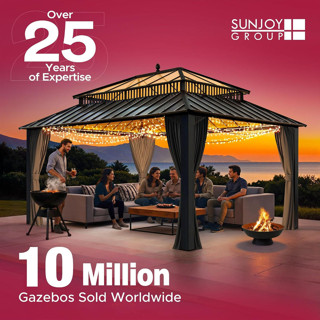 SUNJOY Kingston 10' x 10' Hardtop Gazebo with Galvanized Steel/Polycarbonate Double Roof, Curtain and Netting, Brown Aluminum Posts Permanent Pavilion Gazebo for Garden, Patio, Deck, Lawn