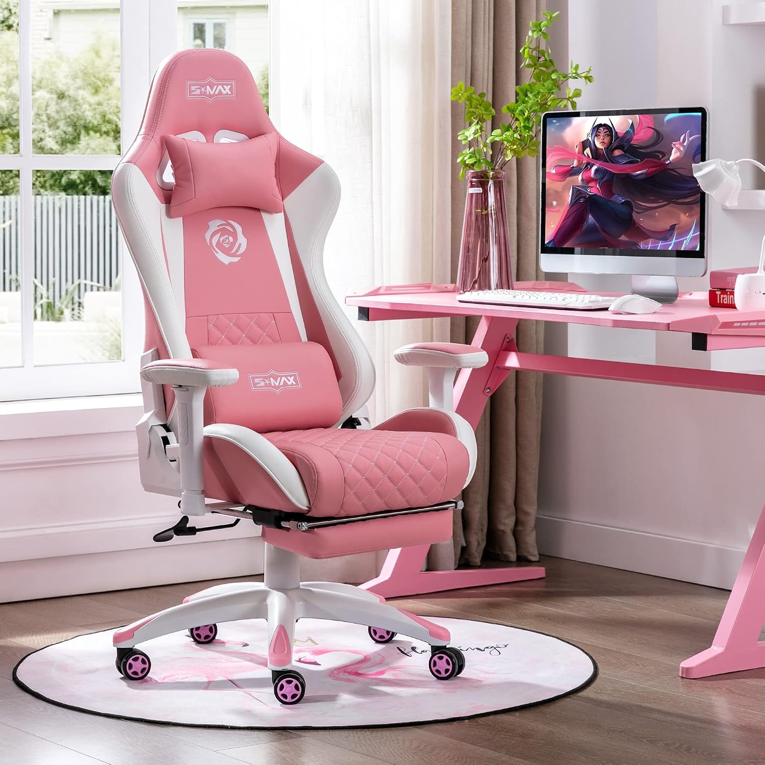 S*MAX Pink Gaming Chair with Footrest Thicken Seat Ergonomic Pink Gamer Chair with 3D Armrest PU Leather Headrest and Lumbar Support High Back Gaming Chair for Girls Pink White