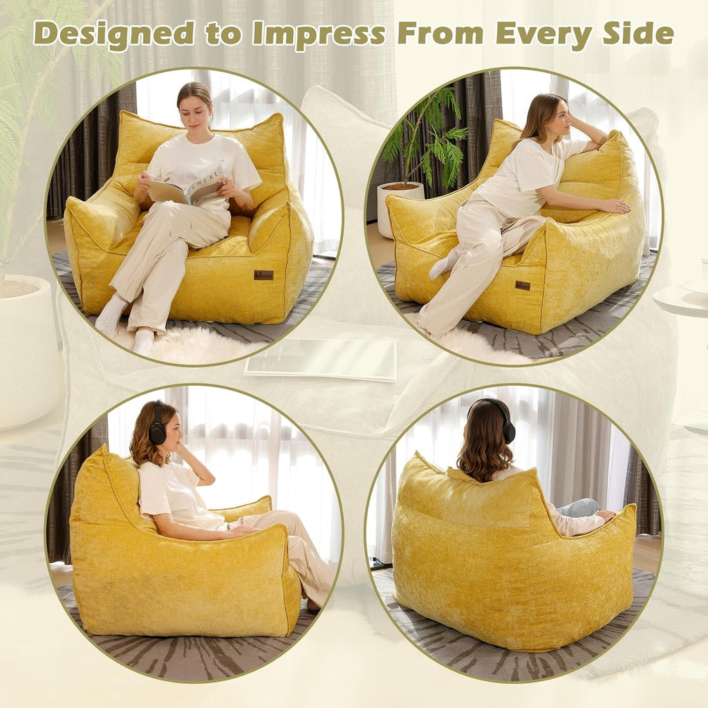 Oversized Fluffy Bean Bag Chair for Adults – Giant Cozy Bean Bag Sofa Chair with Armrests, Handle & Non-Slip Base for Your Reading Nook, Bedroom or Living Room(Yellow-XL)