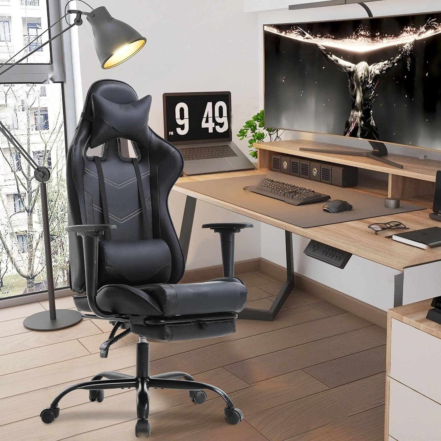 BestOffice Ergonomic Desk Executive PU Leather Computer Lumbar Support with Footrest Modern Task Rolling Swivel Racing Chair for Women&Men, Black