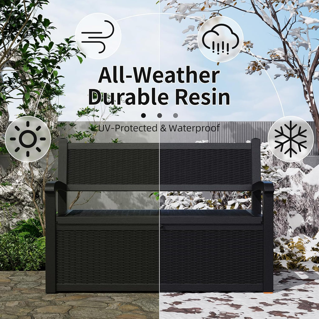 Outdoor Storage Bench - Waterproof Resin Patio Bench, Multi-Functional Patio Bench with 70 Gallon Storage for Garden, Deck or Entryway