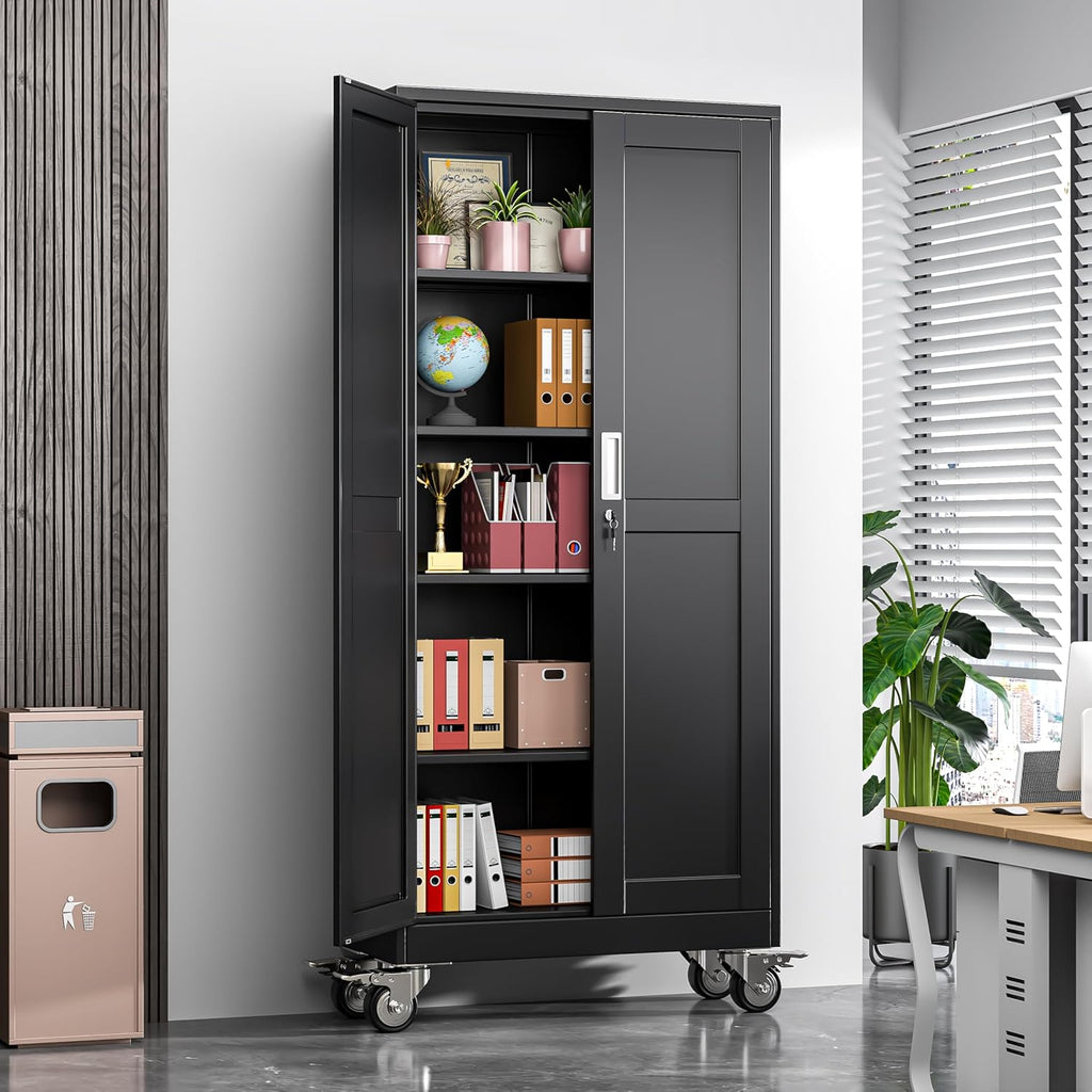 Metal Garage Storage Cabinets and storage system, 71'Tall Rolling utility cabinet with Wheels, Lock, 4 Adjustable Shelves, Heavy Duty Steel Tool Locker for Home Office, Utility Room, Gym,Black