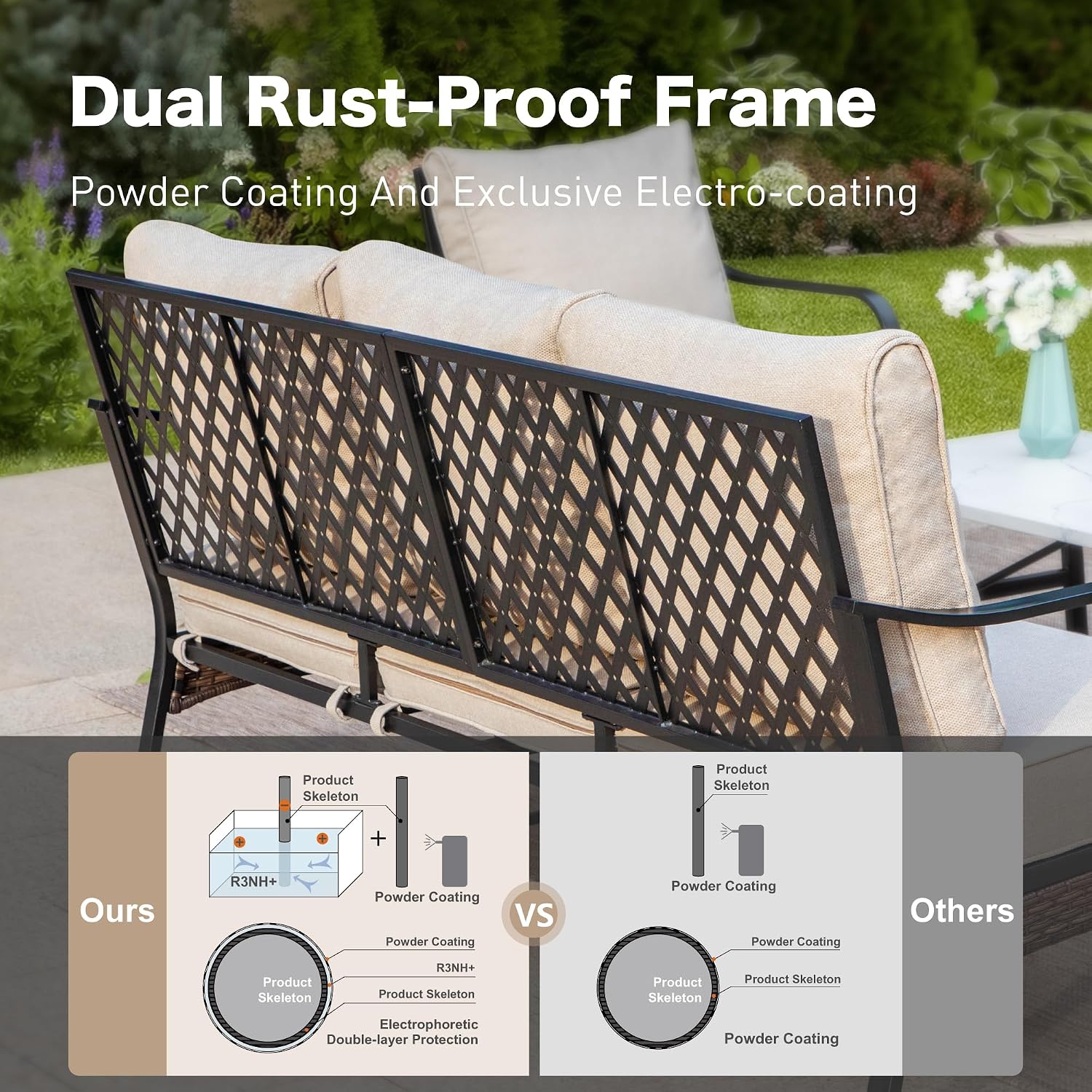 SUNSHINE VALLEY 6 Piece Metal Outdoor Patio Furniture Sets with Firepit Table, Patio Conversation Sets 1 3-Seater Sofa, 2 Leg Chair and 2 Swivel Chair with 5.75' Cushion for Backyard Deck, Beige