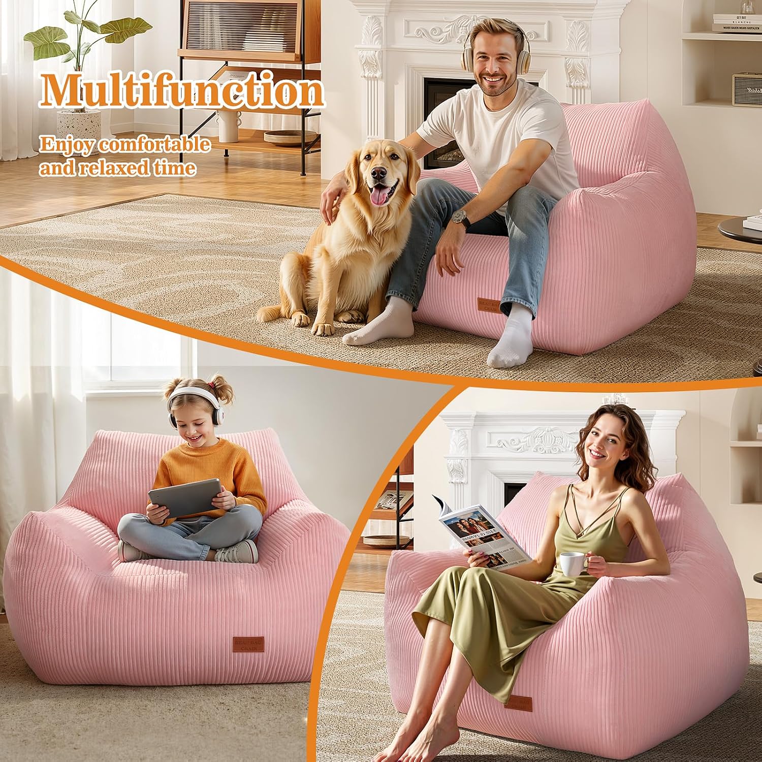 Big Bean Bag Chair for Adults, Ultra Soft Living Room Bean Bag with Armrests & Ottoman, Stuffed BeanBag Chair for Napping, Gaming, Vacuum-Compressed for Easy Gifting, 48h to Expand, Pink
