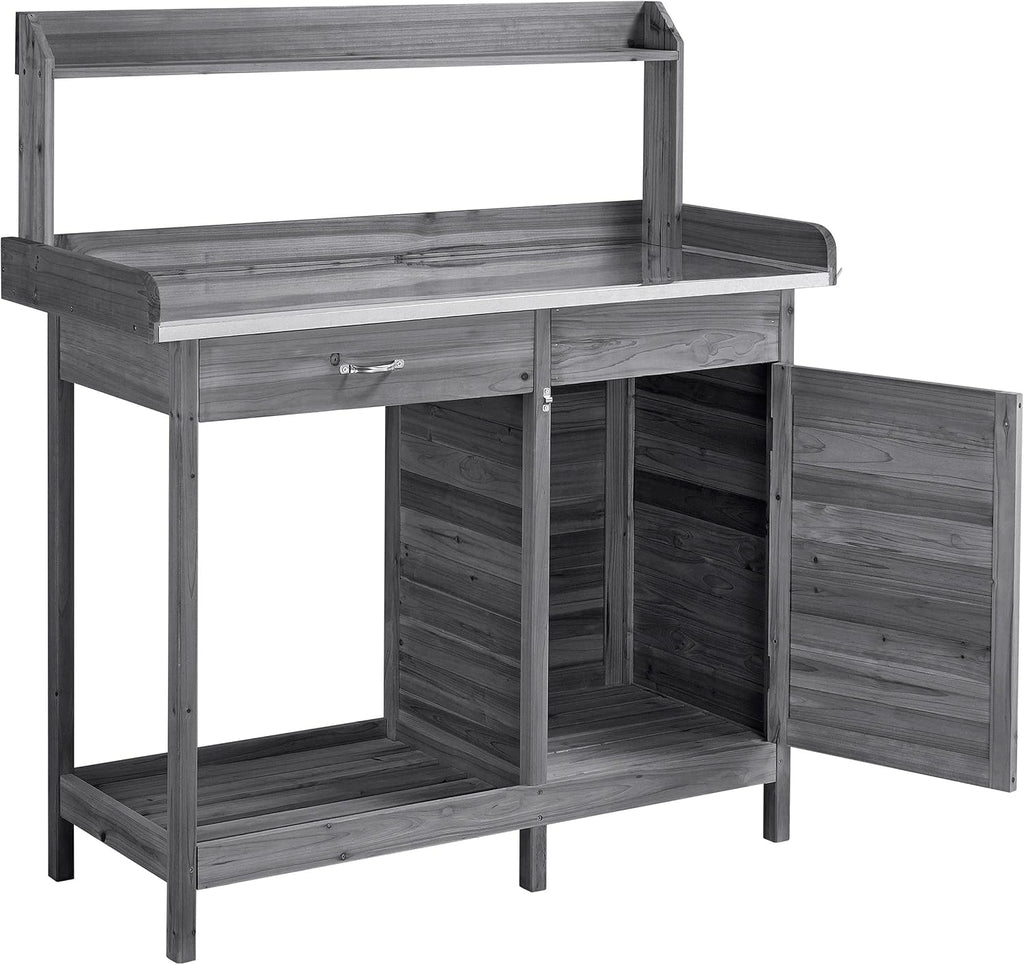 Topeakmart Garden Potting Bench Wooden Workstation Outdoor Wooden Potting Table W/Top Shelf & Lower Shelf & Cabinet Drawer & Open Shelf Gray