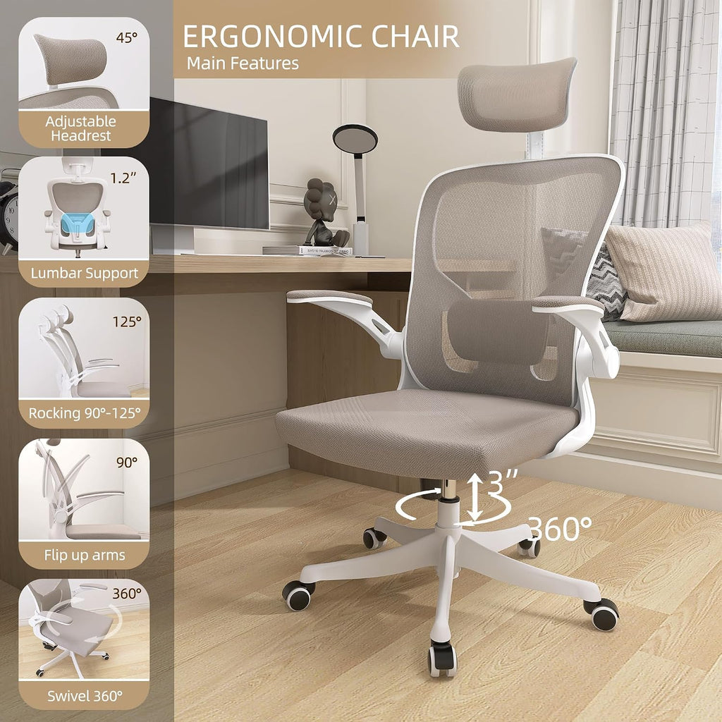 Monhey Ergonomic Office Chair, 90°-125° Tilt Back Home Desk Chair with 360° Swivel & Mute Wheels, High Back Mesh Computer Chair for Adults with Lumbar Support, 330 LBS Capacity (04White+Khaki)