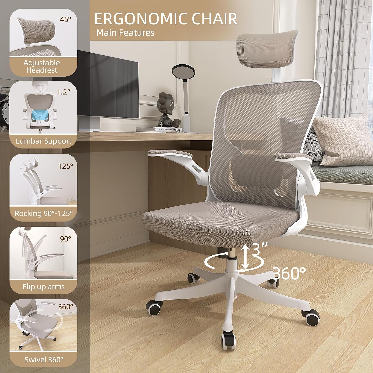 Monhey Ergonomic Office Chair, 90°-125° Tilt Back Home Desk Chair with 360° Swivel & Mute Wheels, High Back Mesh Computer Chair for Adults with Lumbar Support, 330 LBS Capacity (04White+Khaki)
