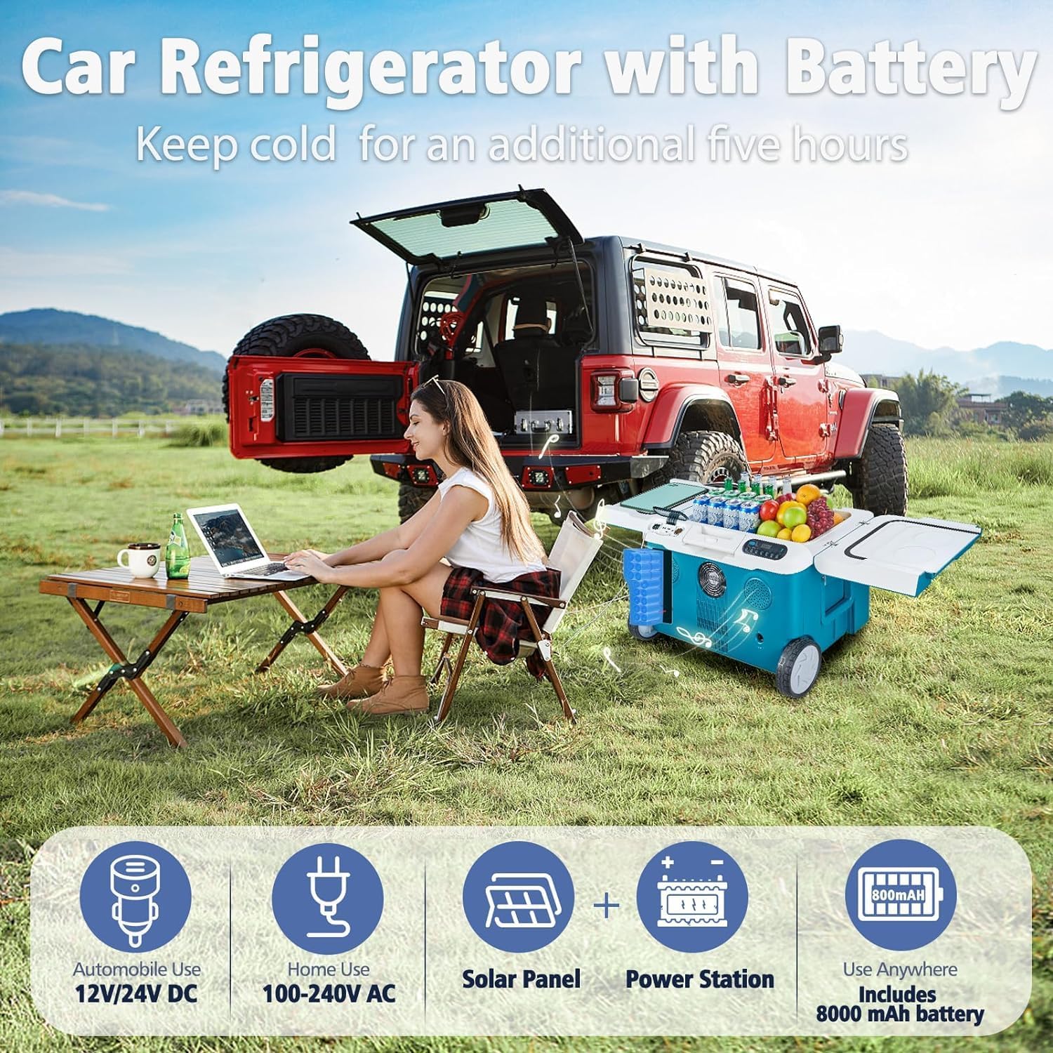 AAOBOSI Car Fridge, 40Quart（36L） Portable 12 Volt Car Refrigerator Cooler with Wheels&Bluetooth Speaker&Handle&Battery Powered, -4℉~68℉ with 12/24V DC,100-240VAC for Camping, Beach,Party,Pool