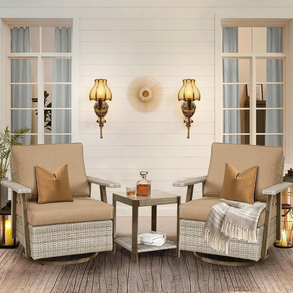 3 Pieces Outdoor Patio Furniture Set with Swivel Rocking, PE Wicker Outdoor Swivel Chairs Set of 2 with Side Table, Oversized Patio Rocking Chairs Set for Porch, Balcony, Deck, Backyard(Camel)