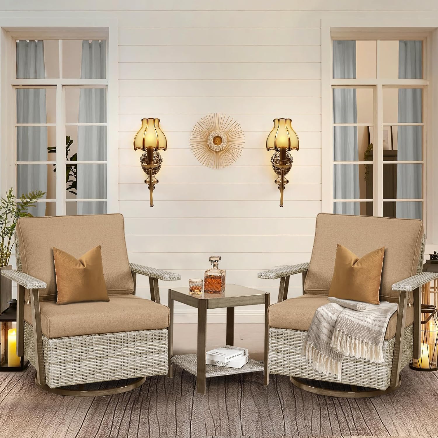 3 Pieces Outdoor Patio Furniture Set with Swivel Rocking, PE Wicker Outdoor Swivel Chairs Set of 2 with Side Table, Oversized Patio Rocking Chairs Set for Porch, Balcony, Deck, Backyard(Camel)