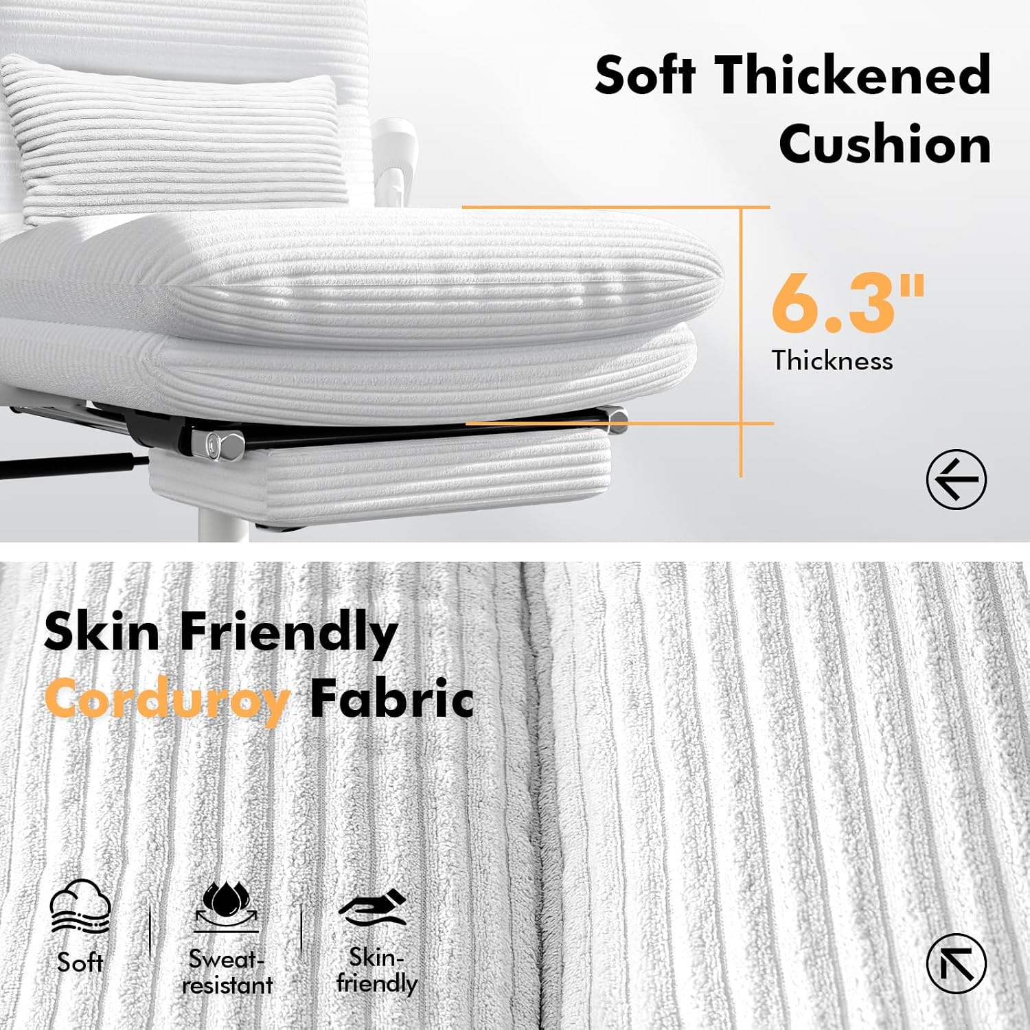 GXJ Criss Cross Chair with Flip-up Arms, Executive Office Chair with Foot Rest, Cross Legged Office Chair G800 Plus, Extra Lumbar Pillow, Corduroy Comfy Computer Desk Chair for Home, White