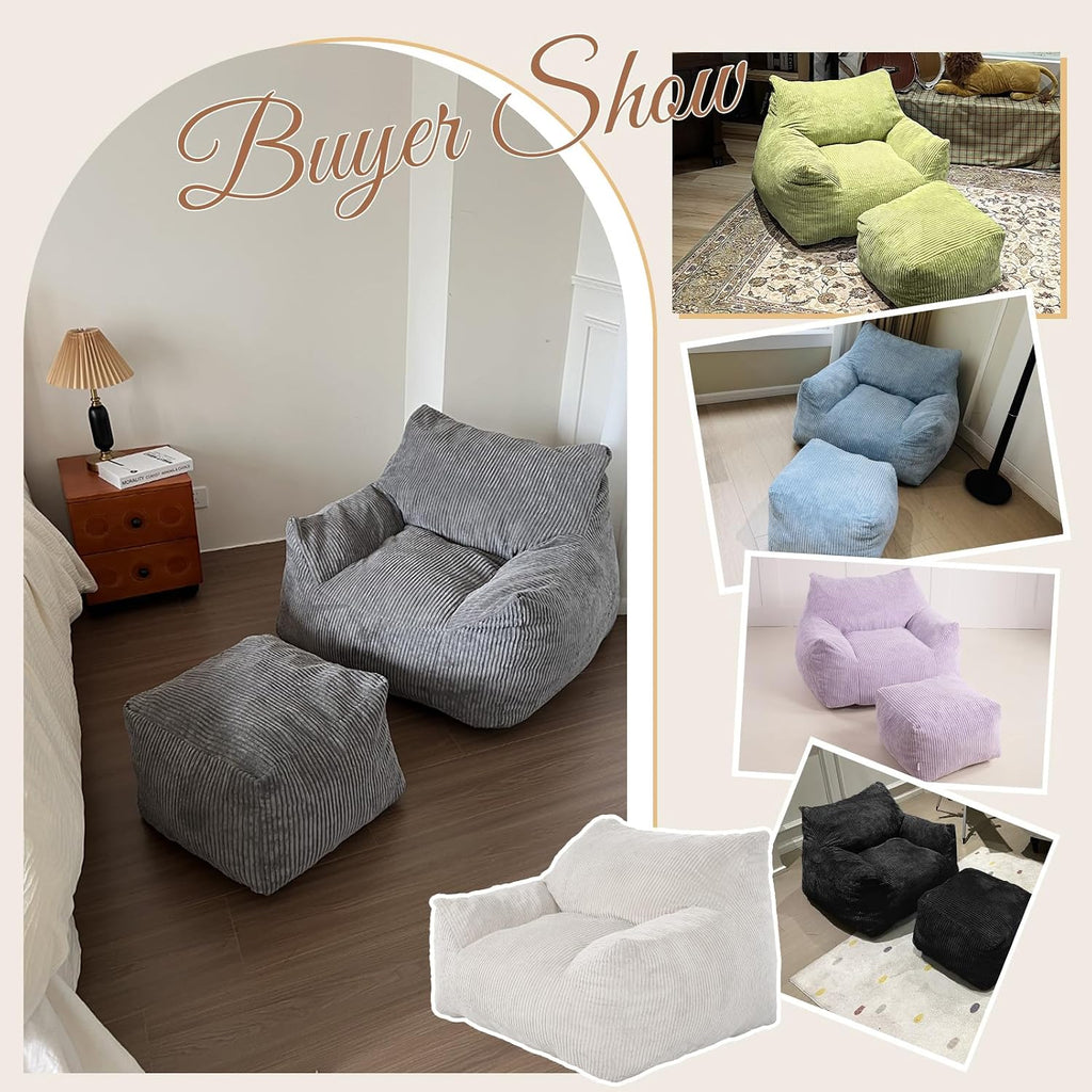 Bean Bag Chair with Ottoman, Oversized Memory Foam Cloud Boneless Couch, Plush Corduroy Beanbag Set for Adults, Teens, Gift for Bedroom, Dorm, Living Room, Reading Nook, Gaming & Lounge (Grey)