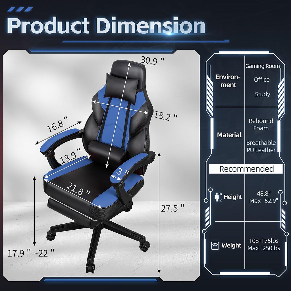 SUNLEI Gaming Chair for Adults, Ergonomic PU Leather Office Chair with Headrest & Footrest, Video Game Chairs with Massage Lumbar Support, Height Adjustable Computer Chair with 360° Swivel, Blue