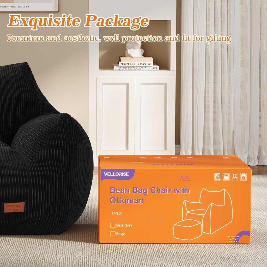 Big Bean Bag Chair for Adults, Ultra Soft Living Room Bean Bag with Armrests & Ottoman, Stuffed BeanBag Chair for Napping, Gaming, Vacuum-Compressed for Easy Gifting, 48h to Expand, Black