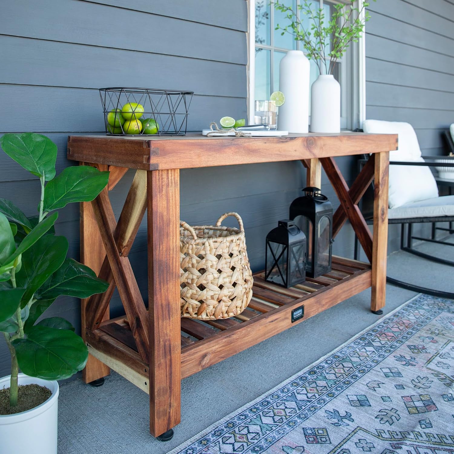 Backyard Discovery 48' Acacia Wood Farmhouse Narrow Console Table with Lower Slat Storage Shelf, Water-Resistant Design for Patio, Deck, Entryway, Living Room, Sofa Table, Indoor or Outdoor Use