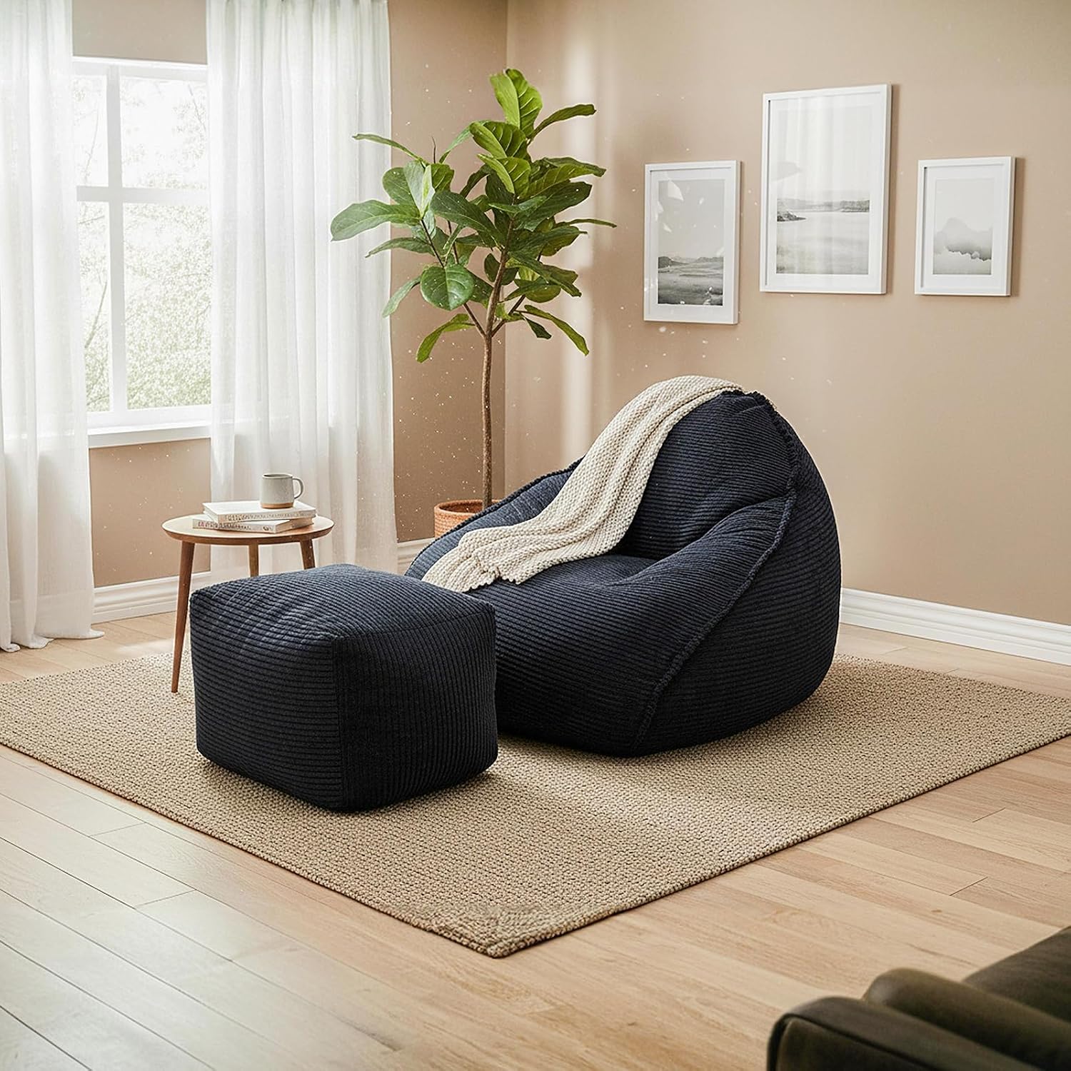 Ultra Soft Bean Bag Chair for Adults with Ottoman, Oversized Floor Sofa for Living Room, Gaming, Lounging, Napping (Black)
