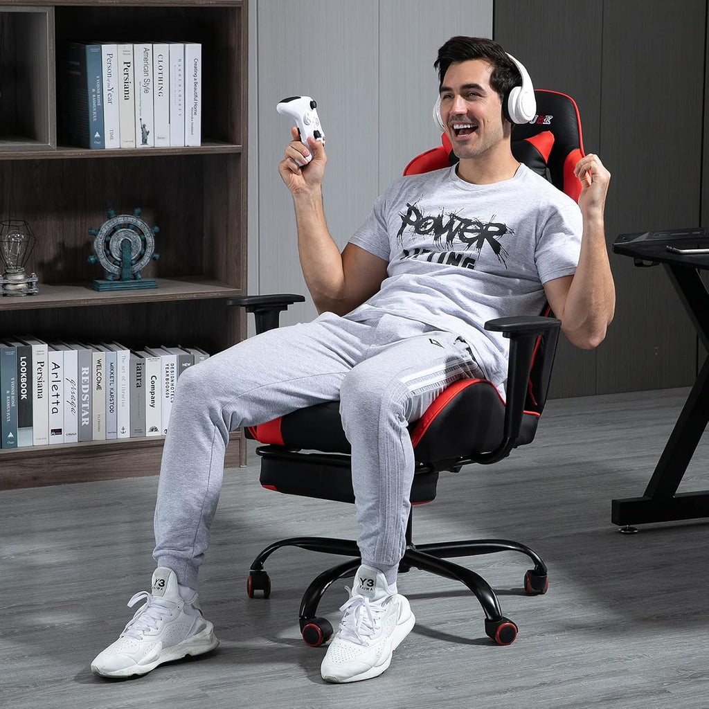 ECOTOUGE PC Massage Gaming Chair with Footrest Ergonomic Office Desk Chair Adjustable Massage Lumbar Cushion and Headrest, Red