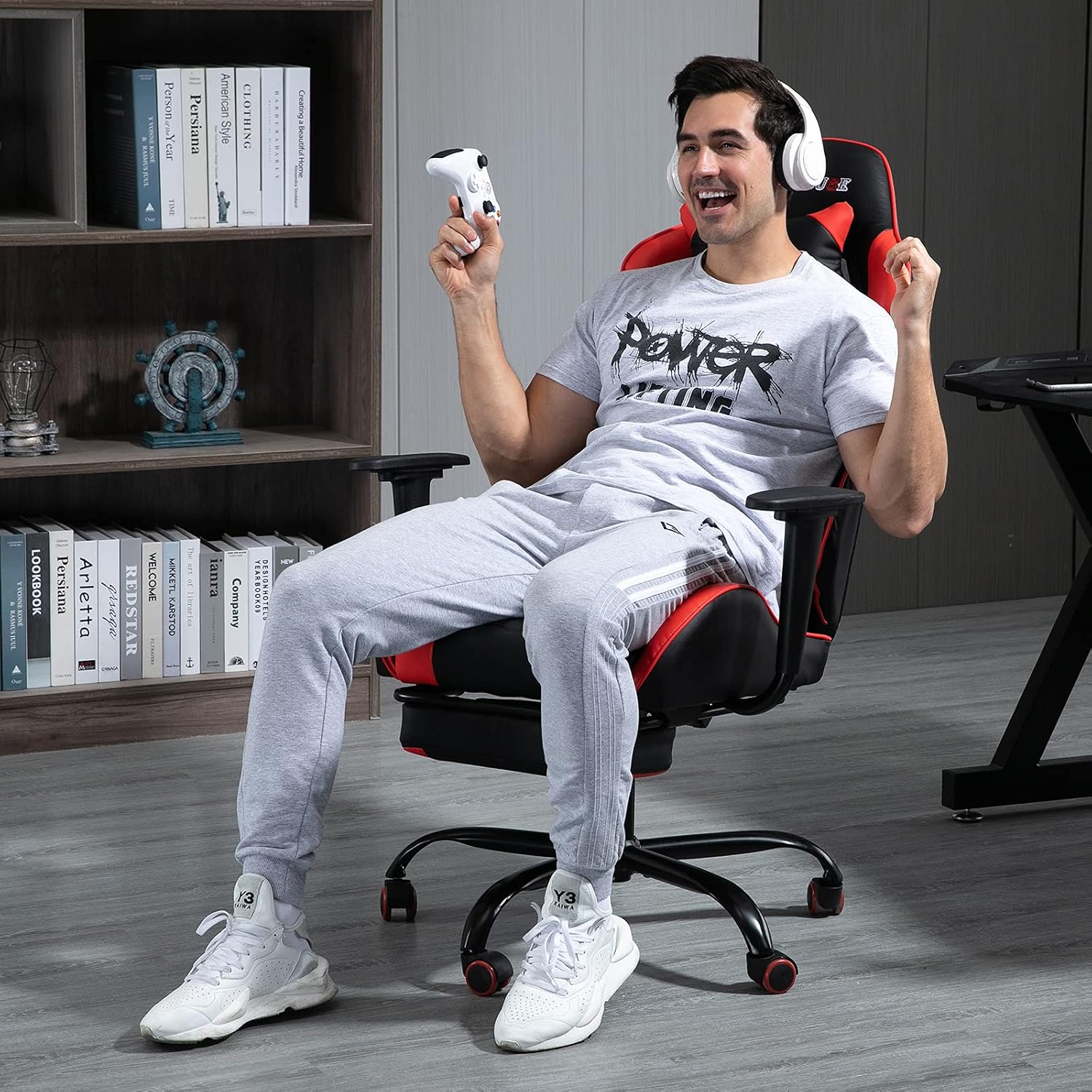 ECOTOUGE PC Massage Gaming Chair with Footrest Ergonomic Office Desk Chair Adjustable Massage Lumbar Cushion and Headrest, Red