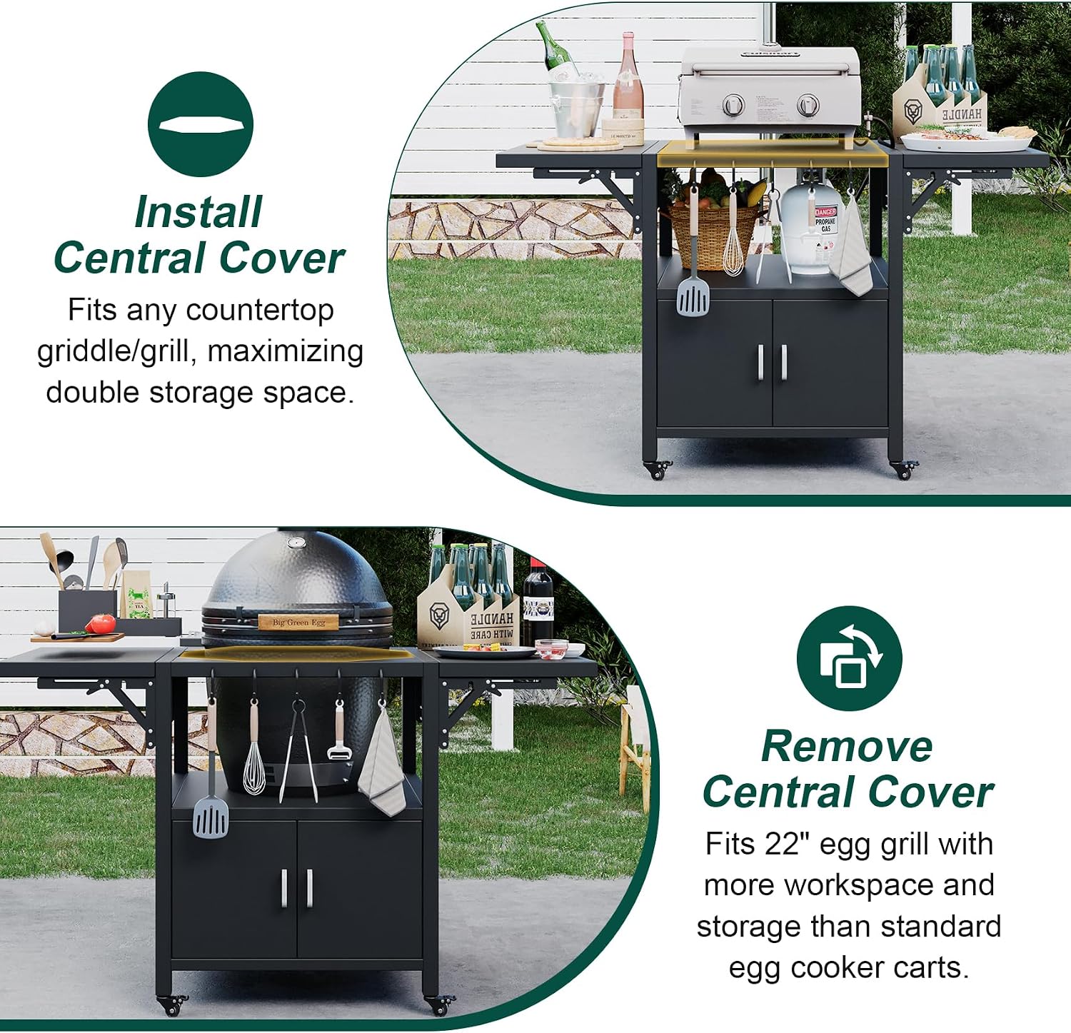 59' L Outdoor Grill Table for Big Green Egg Accessories, Heavy Duty Metal Cart Prep Table with Detachable Desktable, Hooks, Removable Central Cover, Compatible with Egg Grill and Tabletop Griddle