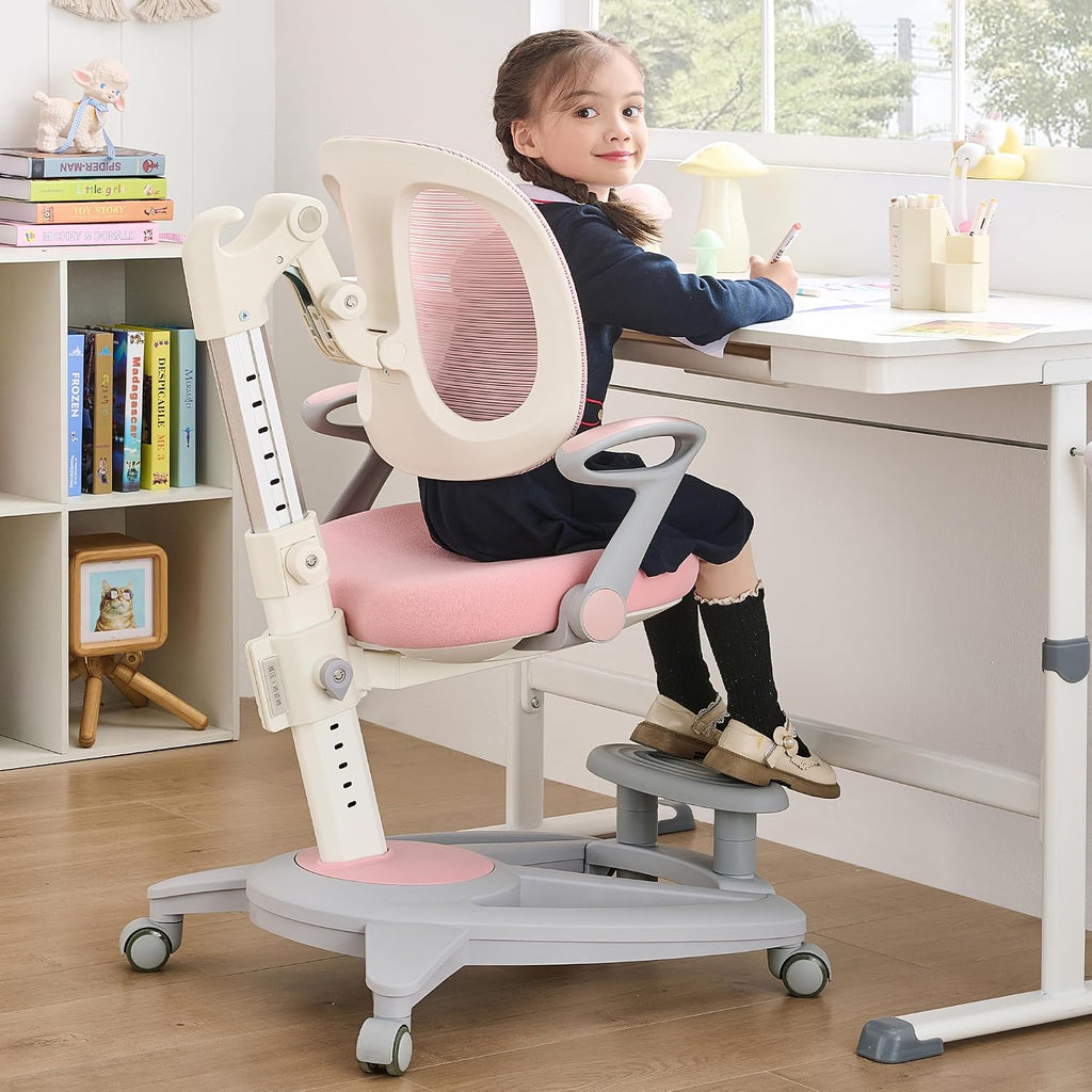 Ergonomic Kids Desk Chair with Footrest & Height-Adjustable Seat, Multifunctional for Study, Work & Dining – Comfy Cushion & Smooth Wheels for Boys & Girls （Pink）