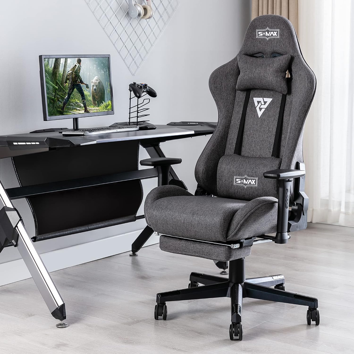 S*MAX Fabric Gaming Chair with Footrest Thicken Seat Ergonomic Gaming Chair with 3D Armrest Breathable Fabric Gamer Chairs for Adults Headrest Lumbar Support Gaming Chairs for Adults Grey