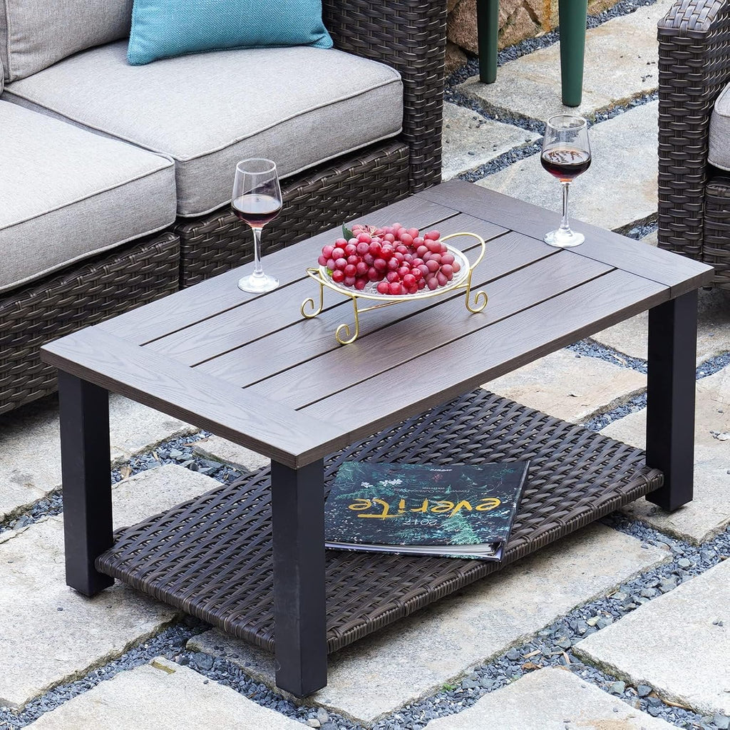 Grand patio Outdoor Coffee Table with Wicker Shelf Storage, 40-inch Rectangle Modern Patio Coffee Table with Faux Wood Tabletop, Fits with Outdoor Conversation Set