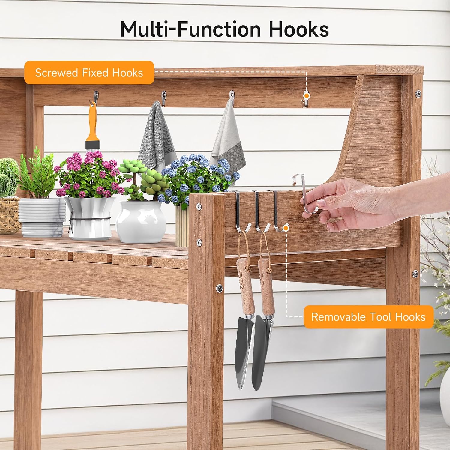 ONBRILL HDPS Potting Bench, All Weather Potting Table with 8 Hooks and Highten Tabletop, Easy Assembly Garden Work Bench, Outdoor Potting Benches for Outside Patio Lawn, 360LBS Capacity, Teak
