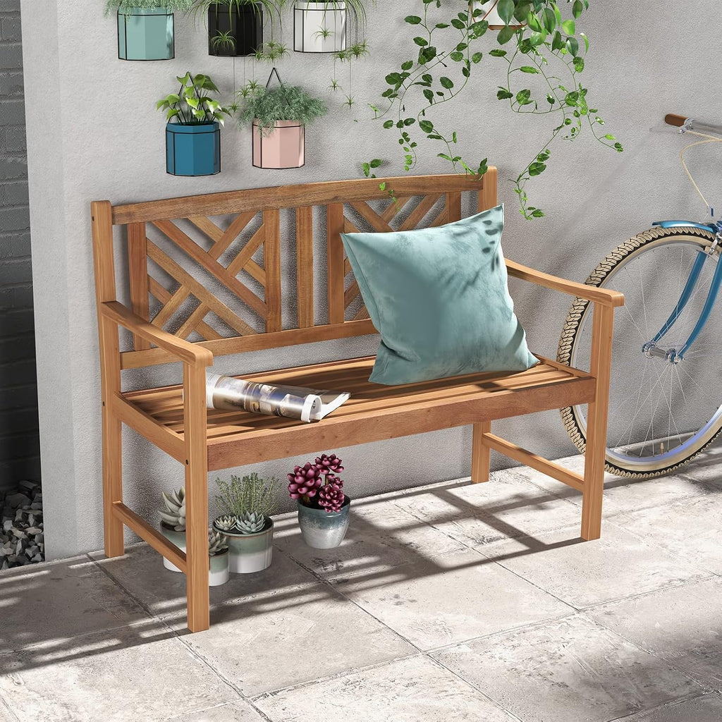Giantex Outdoor Wooden Garden Bench - 2-Person Acacia Wood Loveseat with Armrests, Backrest, 800lbs Capacity, Patio Park Bench for Backyard, Front Porch Bench (Non-Foldable)