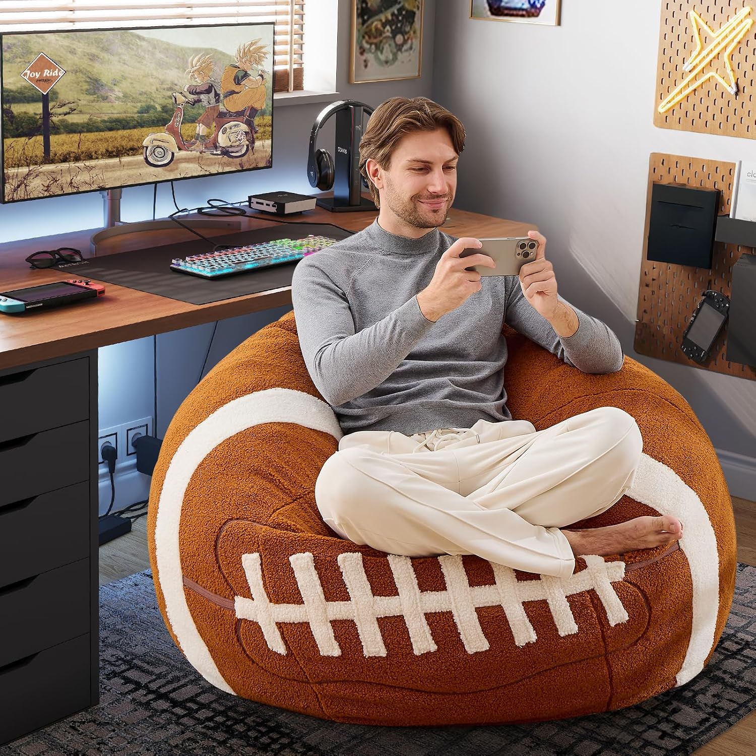 Sports Football Bean Bag Chair – Giant Bean Bag Chairs for Adults and Kids – Filled Plush Lounge Sofa Couch for Living Room, Gaming Room, Office – Perfect for Football Party Decor – 44 Inch