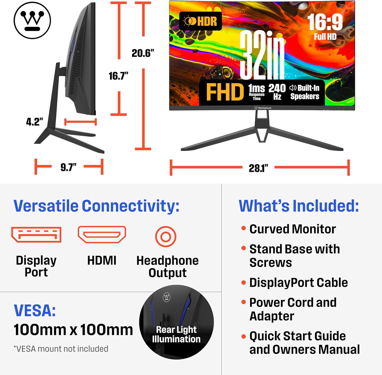 Westinghouse 32 Inch Curved Gaming Monitor, 240Hz, 1ms, FHD 1080P, 1500R, 3000:1 Contrast Ratio, 118% sRGB, AMD FreeSync, Eyecare, for PC Games with Built-in Speakers, DisplayPort, HDMI-Black