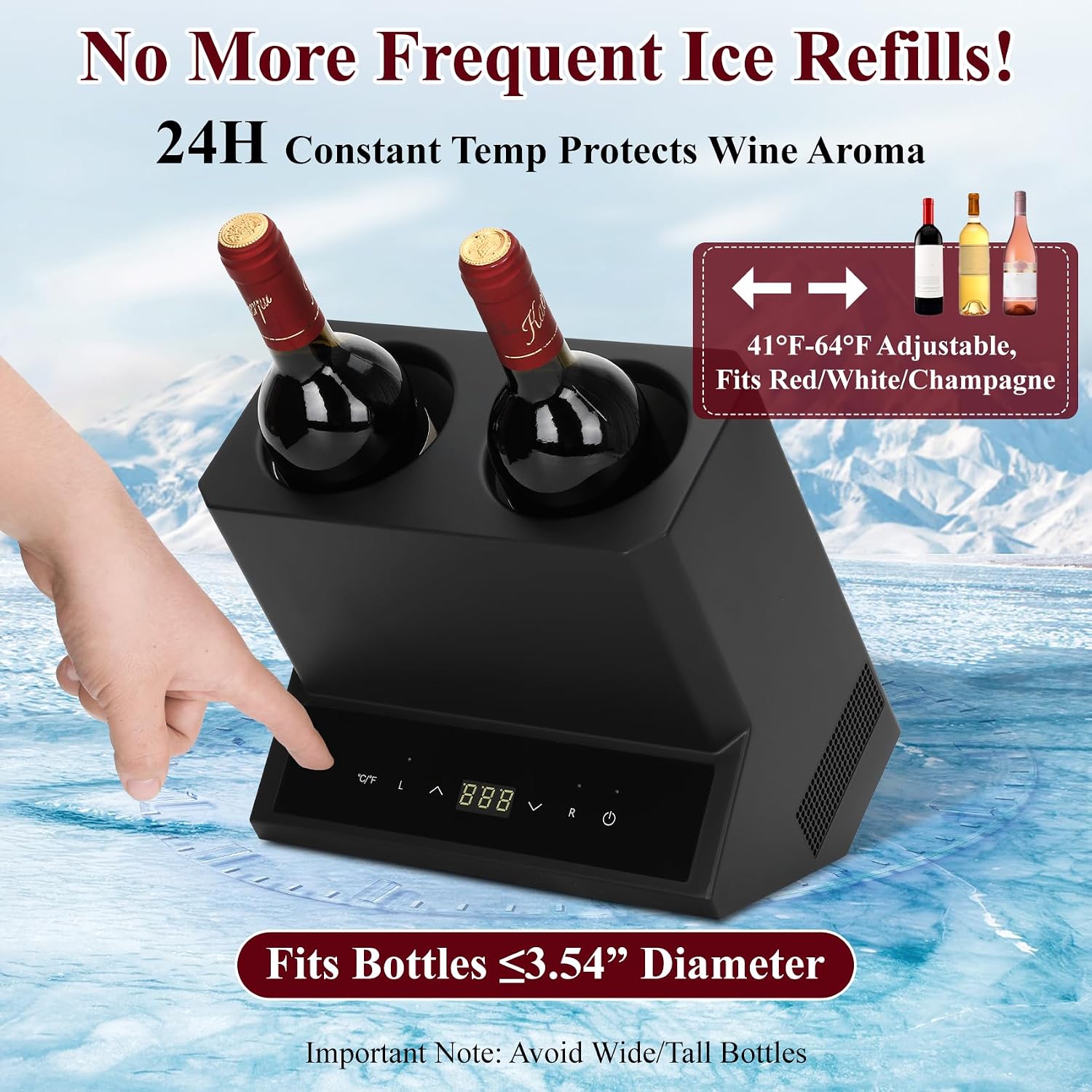 Electric Wine Chiller Double Bottle - Premium 24H Iceless Portable Cooler,Wine Chiller for 750ml Wine/Champagne,Multi-Scene Vino Accessory for Kitchen/Bar/RV - Perfect Gift for Wine Lovers