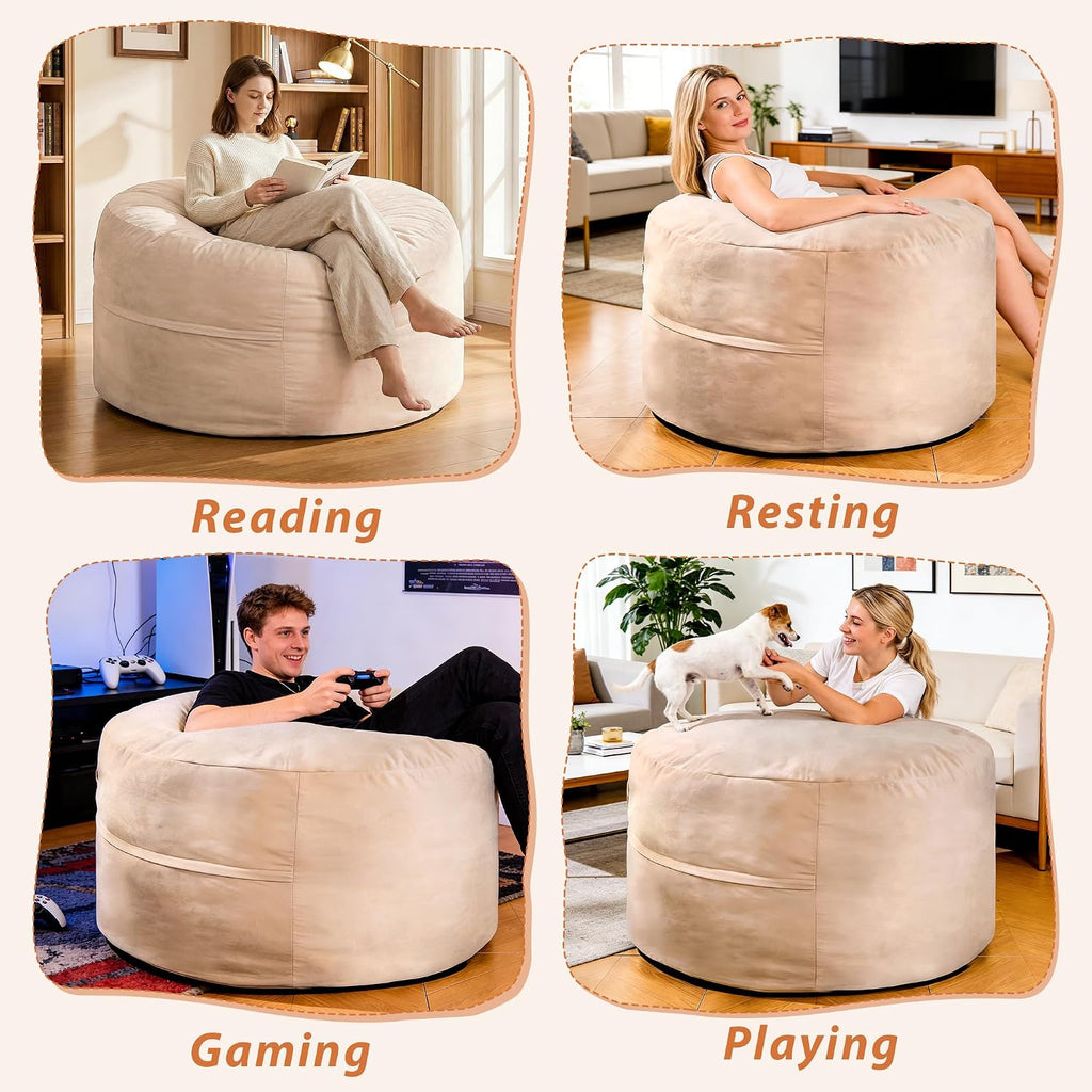 4FT Bean Bag Chair, Bean Bag Chairs for Adults and Kids, Fluffy and Comfy Bean Bag with Velvet Cover, Bean Bag with Memory Foam Filled for Gaming, Living Room, Playroom (Yellowish Beige)
