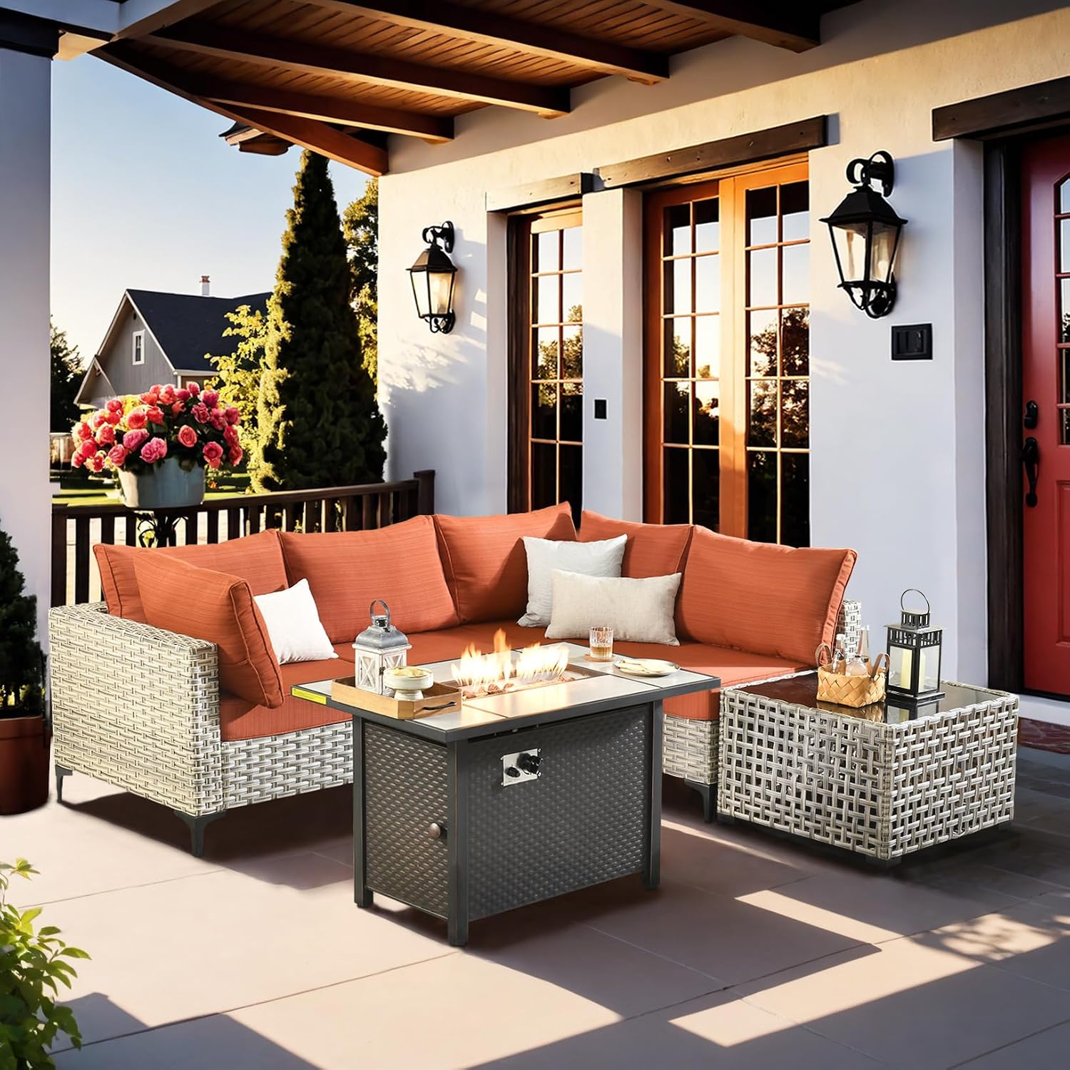 Outdoor Sectional Patio Furniture Set with Fire Pit Table and Glowing Table,6 Pieces Wicker Conversation Sets L Shaped Couch Out Door Sofa Set Outside Furniture for Garden Deck Yard,Orange Red
