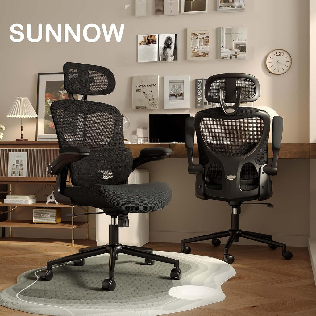 SUNNOW Ergonomic Office Chair, Comfy Mesh Desk Chair, High Back Computer Gaming Chairs with Adjustable Lumbar Support, Flip-Up Arms, Headrest, Tilt Function, Wide Cushion, Swivel Wheel, BIFMA Quality