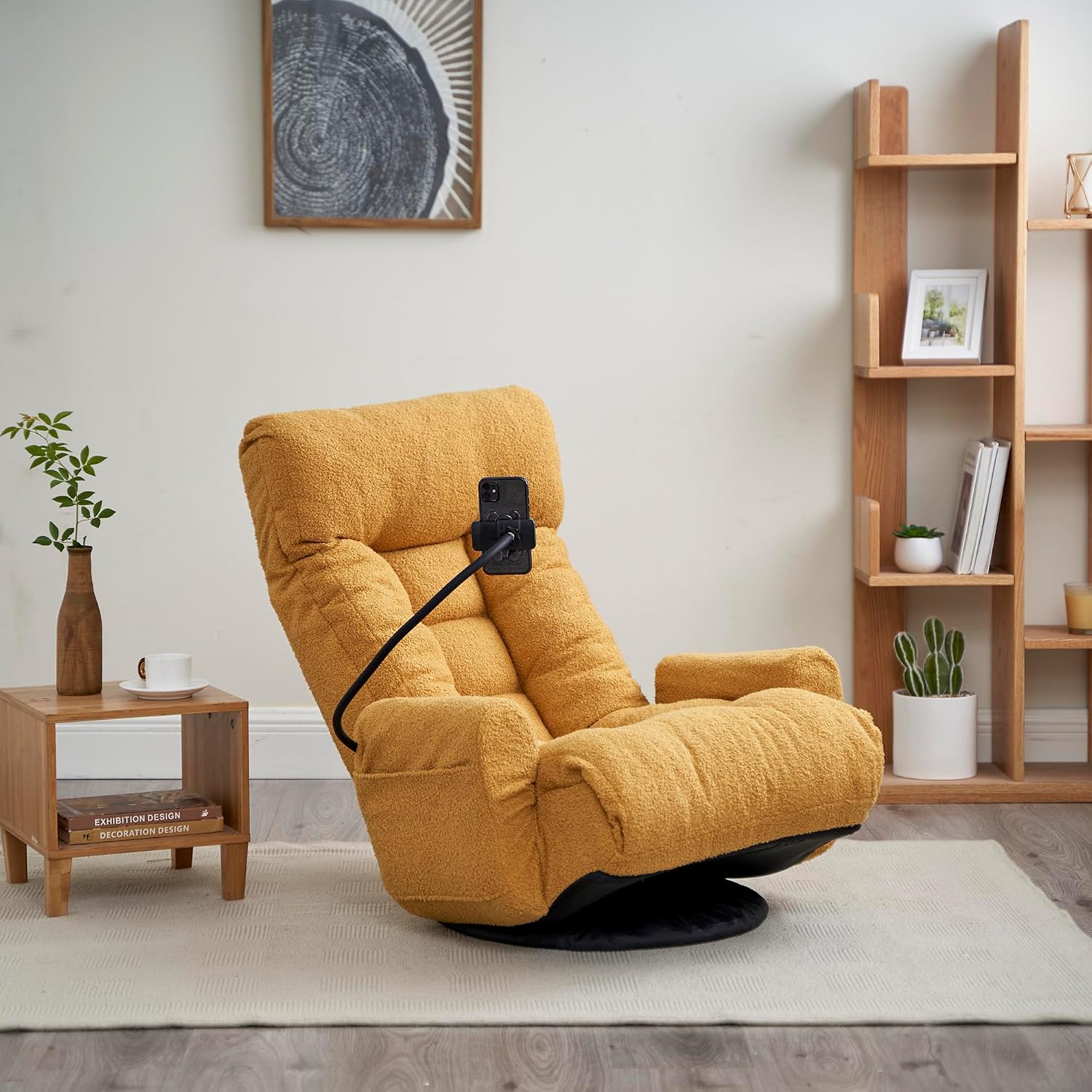 360° Swivel Floor Gaming Chair with 5 Position Adjustable, Folding Gaming Sofas with Phone Holder & Pockets, Cushion Padded Chaise Lounge Chair for Adults, Home Office Floor Leisure Chairs, Yellow