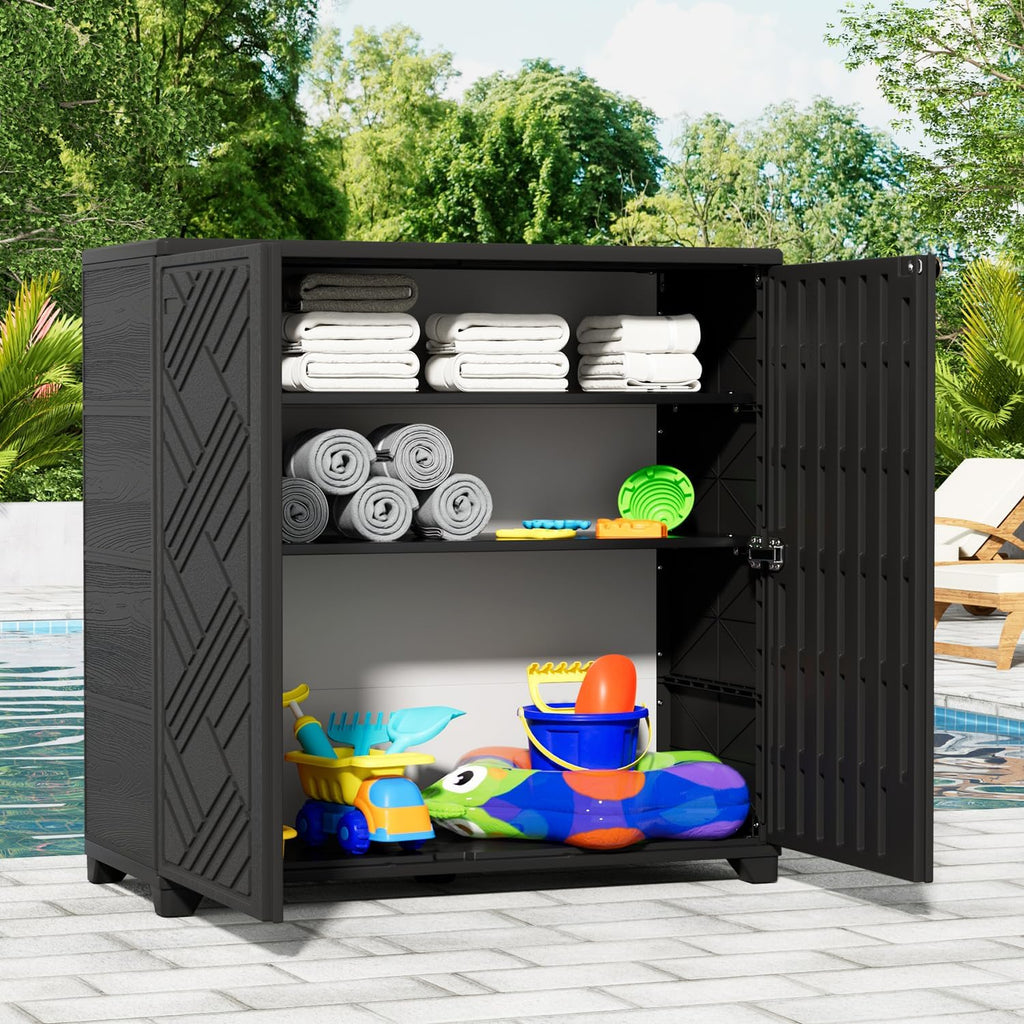 KINYING Outdoor Storage Cabinet Waterproof with 2 Shelves, 60 Gallon Resin Storage Shed for Patio/Garden/Backyard, Outdoor Storage Box for Cushions,Garden Tools and Pool Supplies,Black