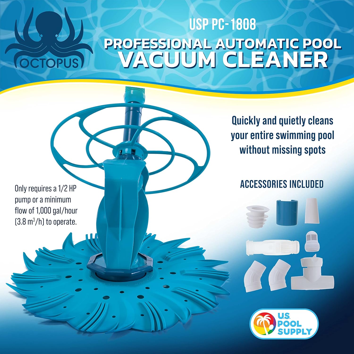 U.S. Pool Supply Octopus Suction Pool Cleaner, Inground Automatic Pool Vacuum Cleaner with Hose - Swimming Sweeper Vac Cleaning Suction-Side Cleaners - Auto Creepy Sweeps Removes Debris, Leaves Cleans