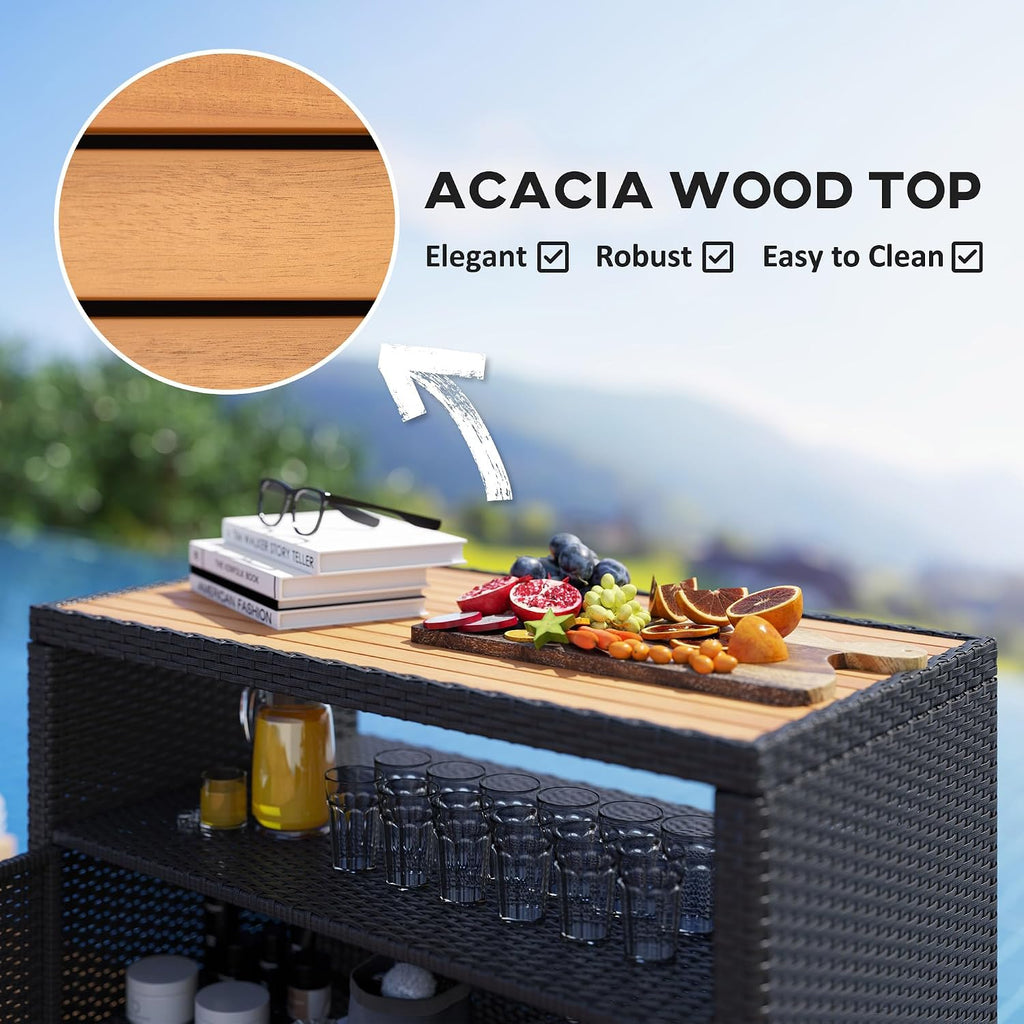 Outsunny Wicker Outdoor Storage Cabinet, Rattan Bar Table with Acacia Wood Countertop, 2 Doors and Shelf, Buffet Cabinet Sideboard for Poolside, Garden, Patio, Backyard, Black