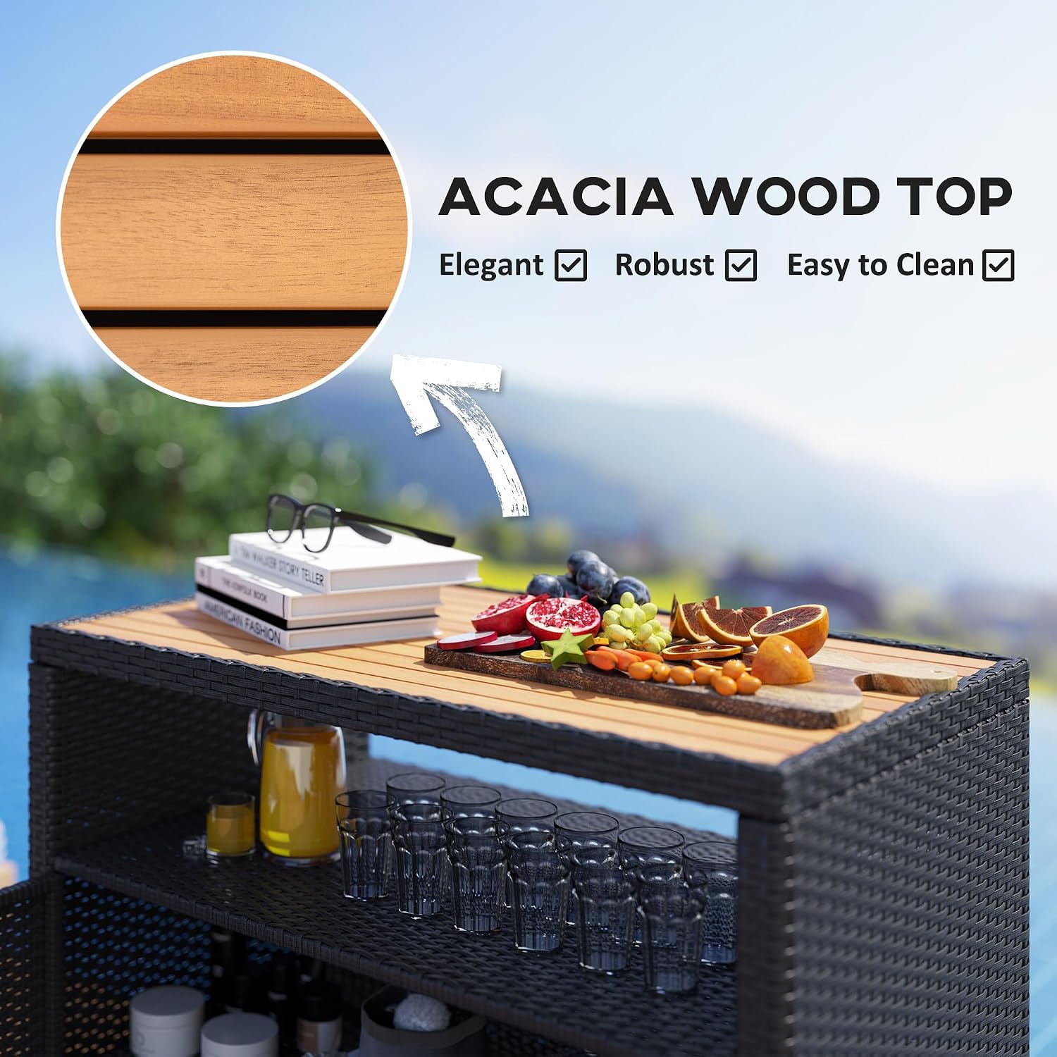 Outsunny Wicker Outdoor Storage Cabinet, Rattan Bar Table with Acacia Wood Countertop, 2 Doors and Shelf, Buffet Cabinet Sideboard for Poolside, Garden, Patio, Backyard, Black
