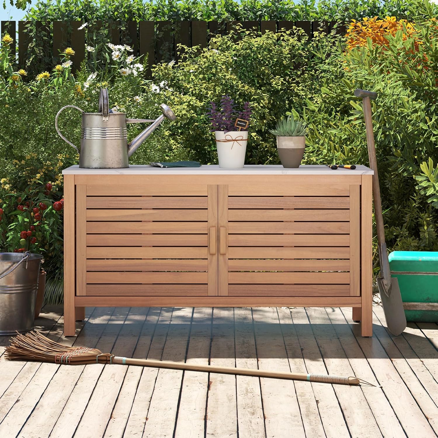 Goplus Patio Storage Cabinet, 2-Door Acacia Wood Console Table with Faux Marble Top, Outdoor Wooden Sideboard for Deck, Garden, Backyard & Entryway