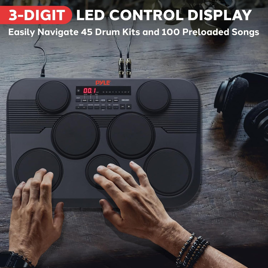 Pyle Electronic Tabletop Digital Drum Set, Compact Portable Drum Pad Kit w/ 7 Touch Sensitive Drum Pads and Pedals, 273 Sounds, USB & Headphone Outputs, MIDI/AUX Inputs, 4x5' Drums & 3x3.5' Cymbals