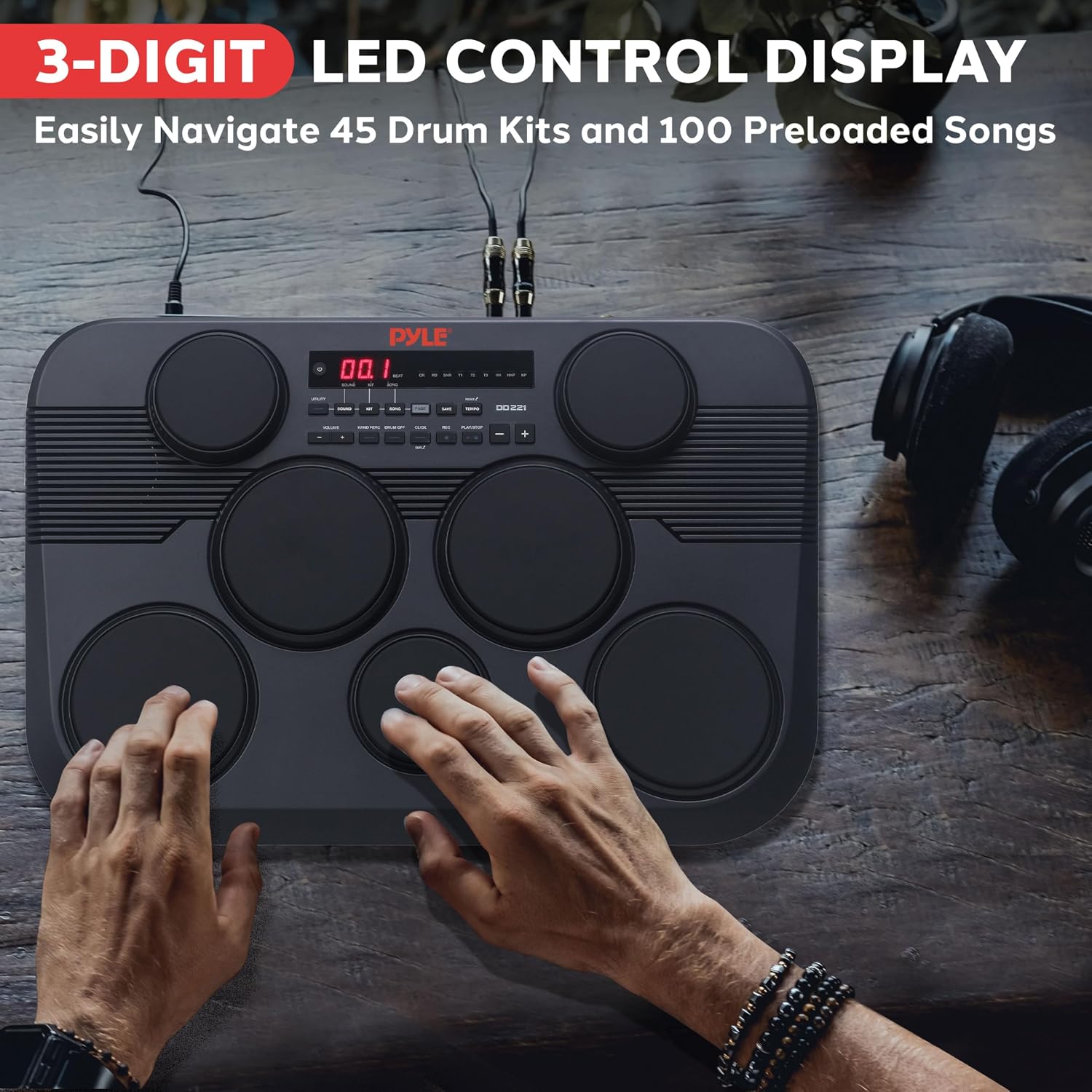 Pyle Electronic Tabletop Digital Drum Set, Compact Portable Drum Pad Kit w/ 7 Touch Sensitive Drum Pads and Pedals, 273 Sounds, USB & Headphone Outputs, MIDI/AUX Inputs, 4x5' Drums & 3x3.5' Cymbals