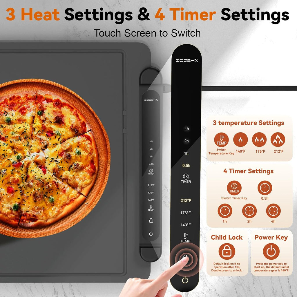 Warming Mat for Food Extra Large: 36'X16' Adjustable Silicone Food Warming Mat Heating Pad Food Warming Pad for Kitchen Counter Warming Trays for Buffets Party Hot Plates for Countertop Black Grey