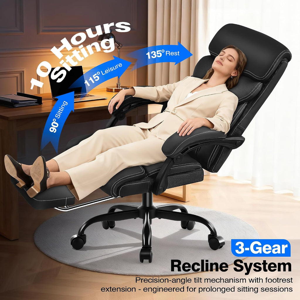 AreShark Office Chair - Ergonomic Comfortable High Back Computer Desk Chair with Foot Rest - Executive Breathable Swivel Rolling Reclining Leather Chair with Lumbar Support for Home Gaming Relaxing