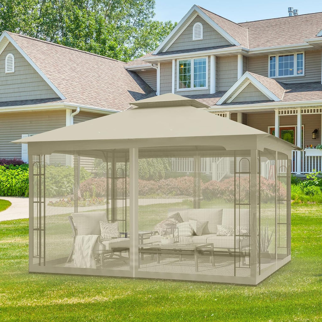 EAGLE PEAK Patio Gazebo with Mesh Netting 13x11 at Top 12x10 Footprint, Soft Top Outdoor Pavilion for Backyard, Deck, Lawn and Garden, Beige