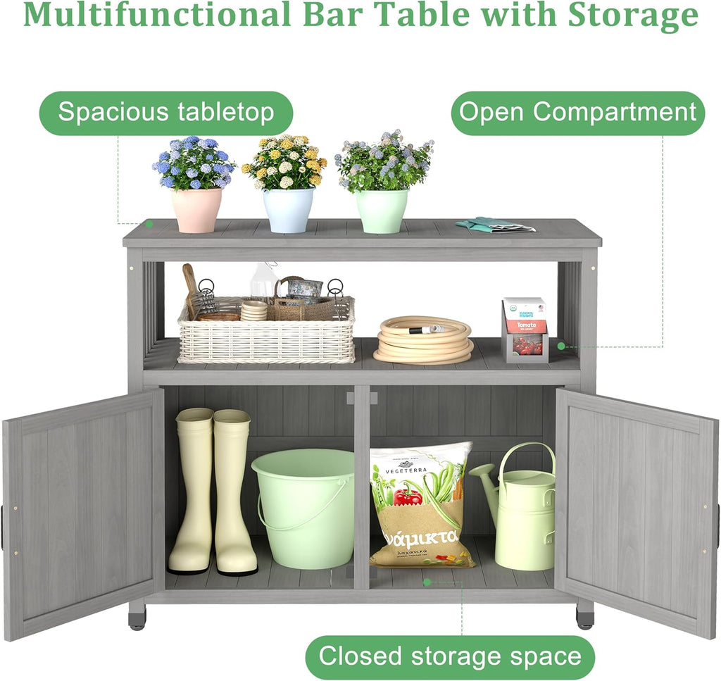 Outdoor Potting Bench with Storage Cabinet, Wood Workstation for Outdoor Patio, Garden (Grey, 42×18×37')