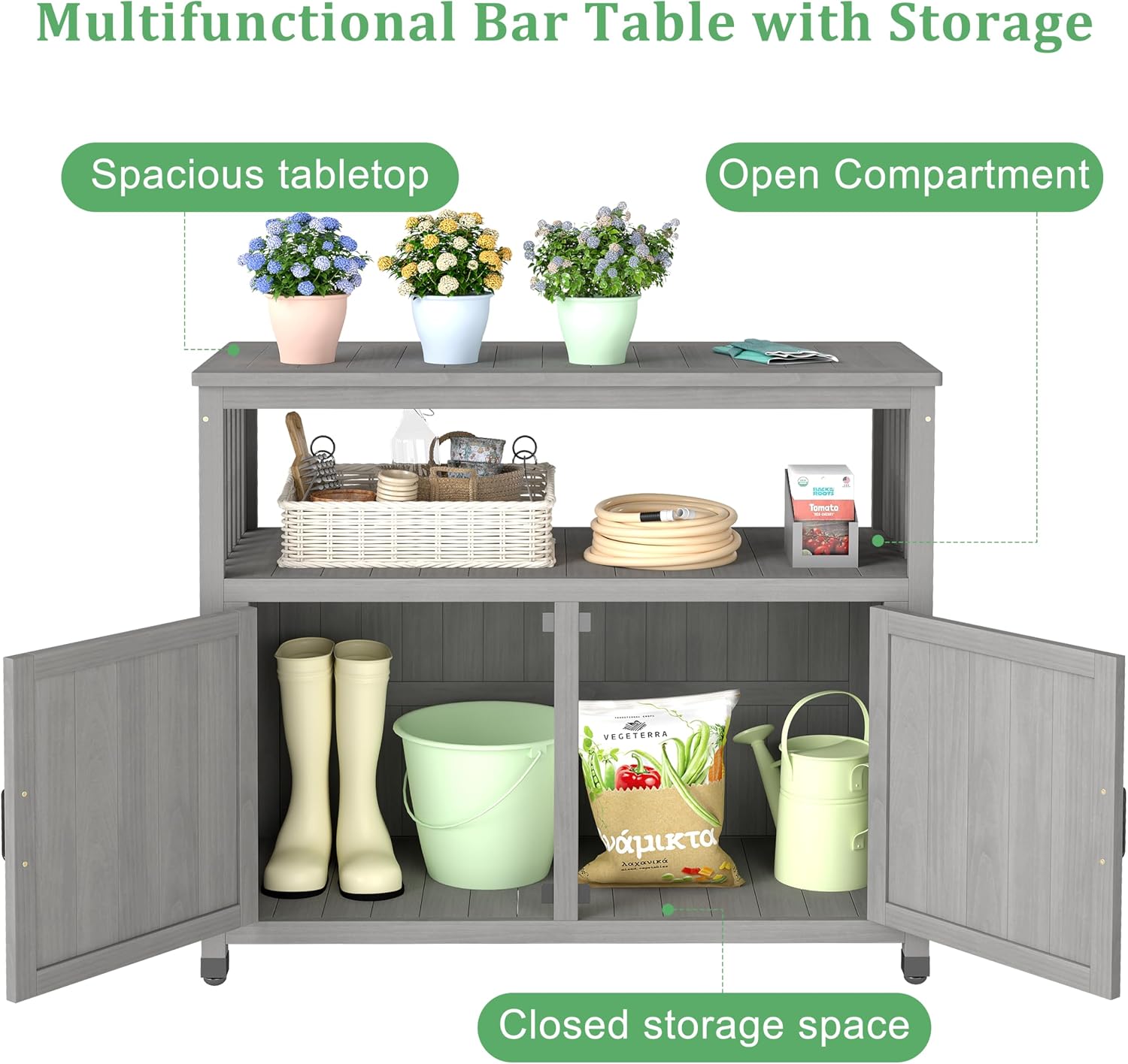 Outdoor Potting Bench with Storage Cabinet, Wood Workstation for Outdoor Patio, Garden (Grey, 42×18×37')